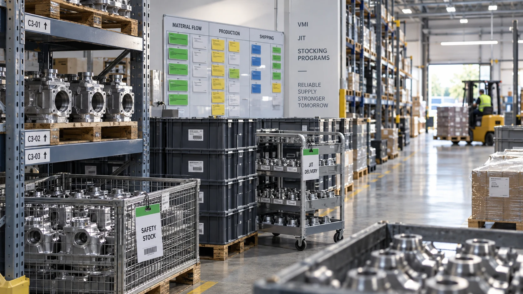 Organized material flow with labeled bins, pallets and machined components prepared for VMI, Kanban and scheduled release programs